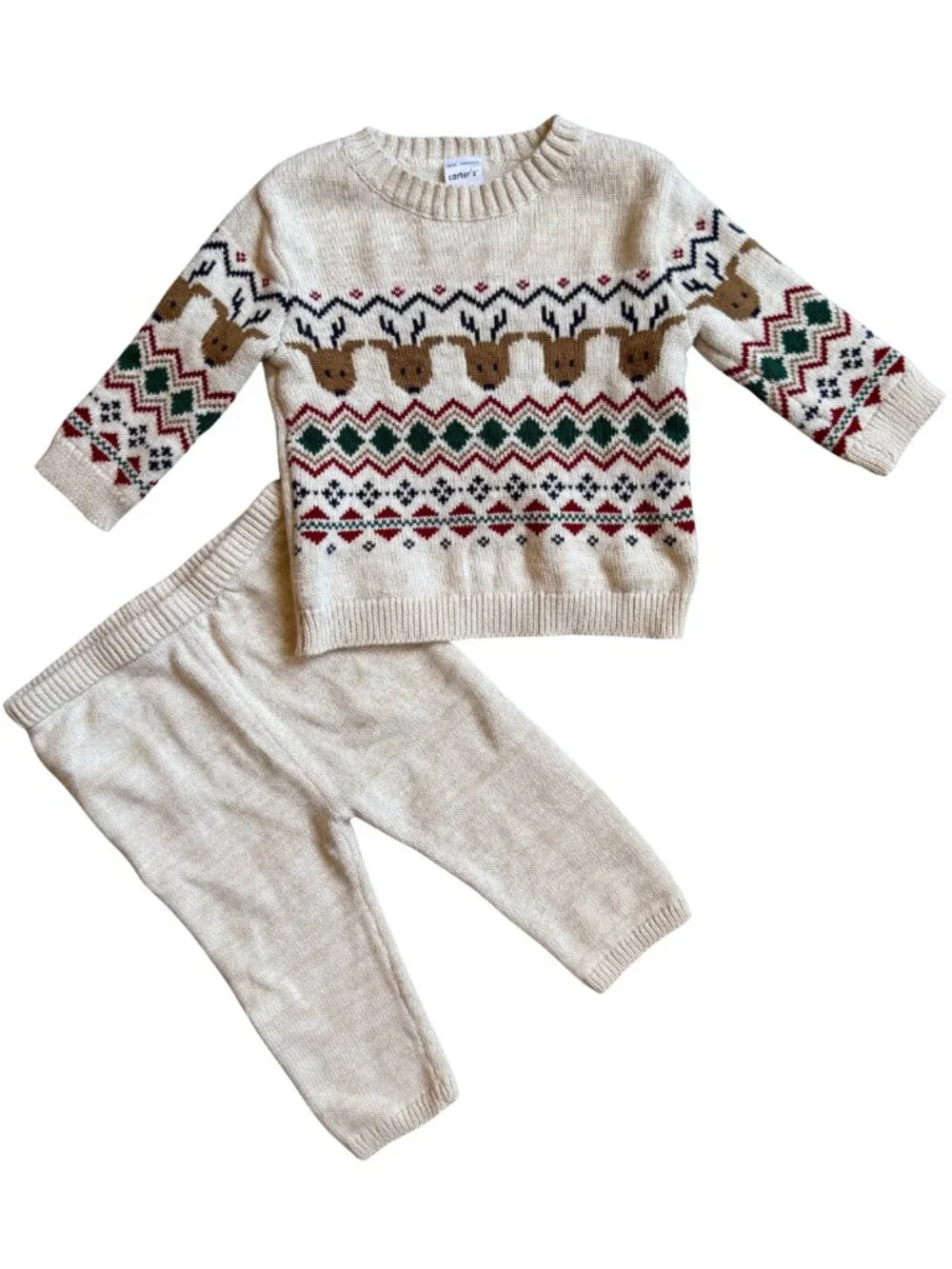 Carter’s LIKE NEW Fair Isle Reindeer Sweater & Pants Set Ivory Holiday 9M